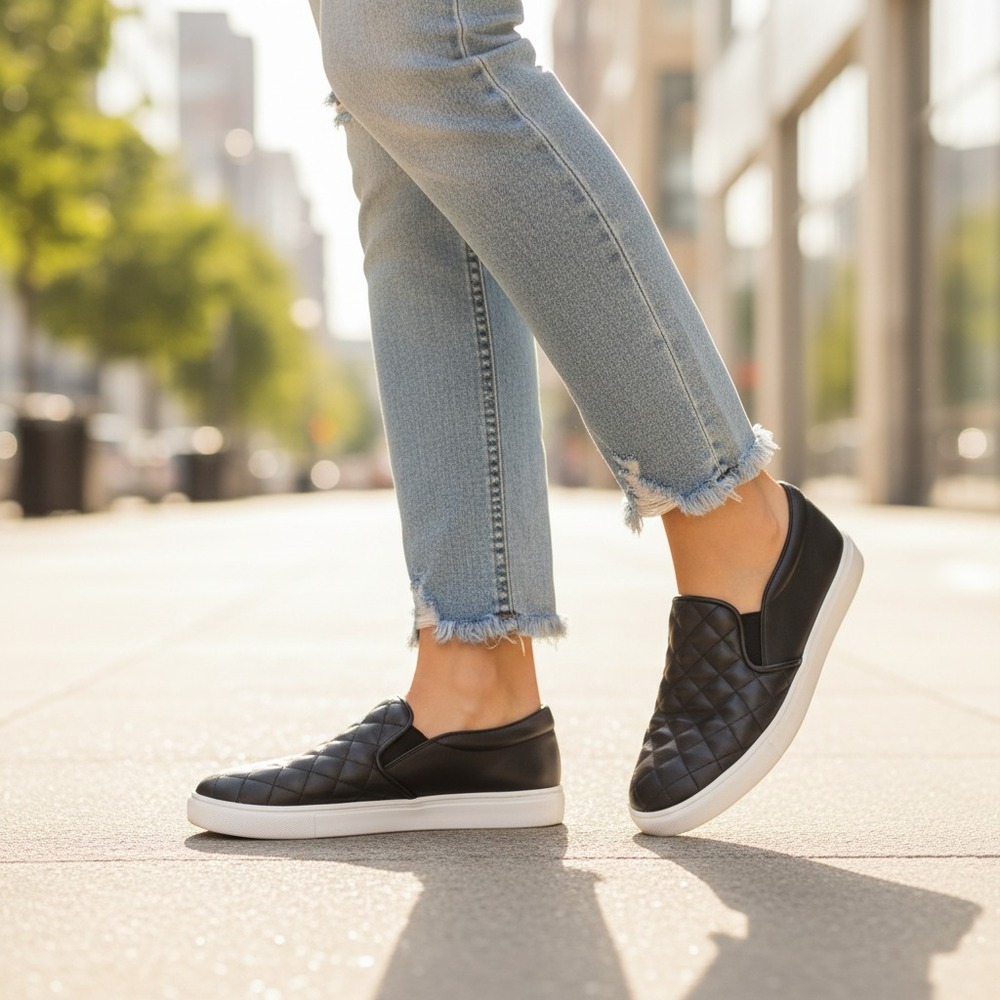 A New Day 8‎ Sneakers Black Quilted Slip On Casual Comfy Edgy Chic Minimalist